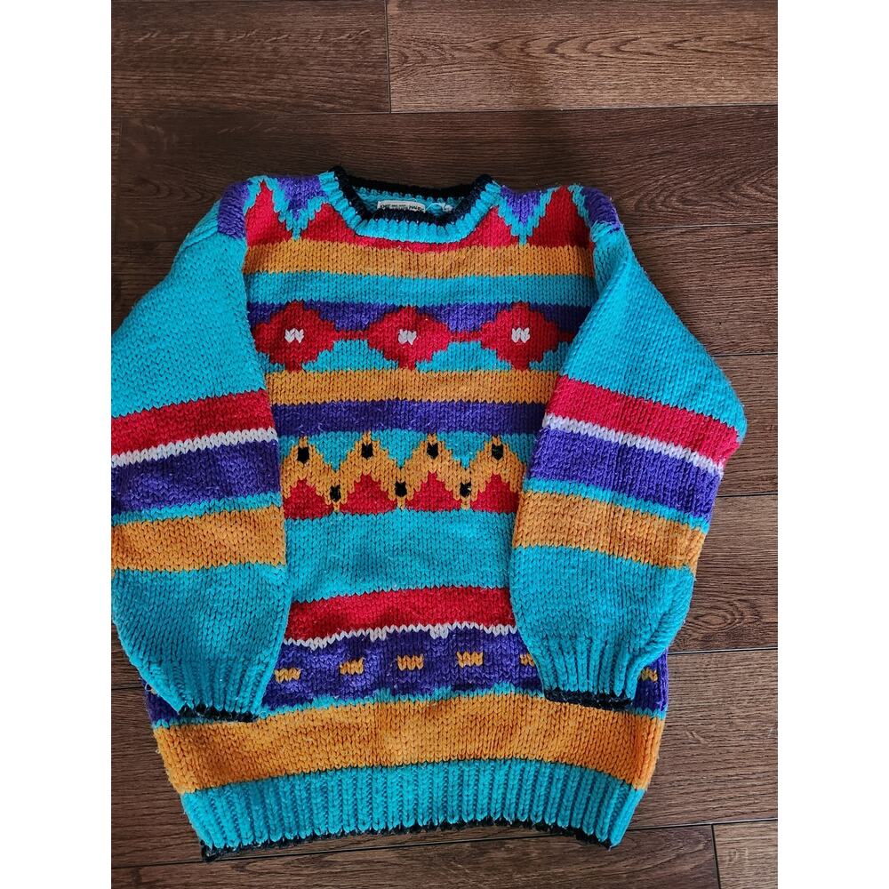 Vtg Hand Knitted Vibrant & Colorful Geometric Tribal Sweater Size M Hong Kong